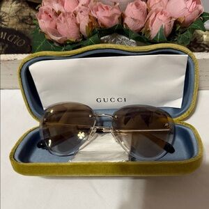 Gucci Brown Gradient Round Sunglasses with Clear Lower Rims